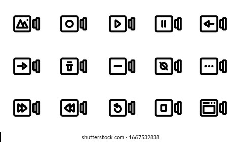 illustration vector graphic of video camera action icon sets, stop, play, pause, back, next, delete, error, option, gallery, refresh fit for website, business card, flyer etc. editable stroke 