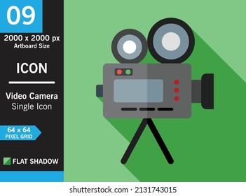 Illustration vector graphic of Video Camera icon with flat design, colored icon illustration, flat shadow with green color background, single icon. EPS10 format file