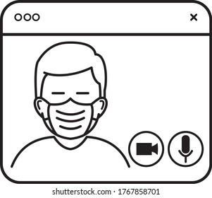 Ilustración vectorial de video chat usando máscara médica. bien para el concepto de coronavirus, cuarentena, icono o símbolo de distanciamiento social