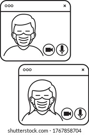 Ilustración vectorial de video chat usando máscara médica. bien para el concepto de coronavirus, cuarentena, icono o símbolo de distanciamiento social