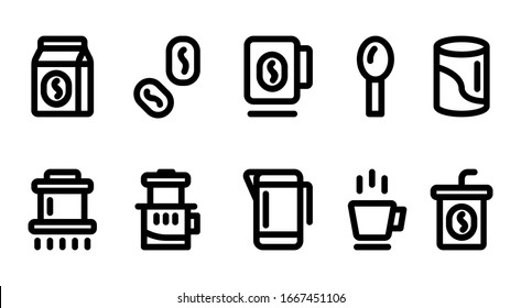 illustration vector graphic of vietnamese coffee icon sets, beans, mug, spoon, milk, filter, dril, kettle, hot coffee, ice coffee fit for cafe, coffee shop, etc. editable stroke 