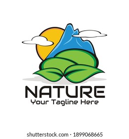 illustration vector graphic of view of blue mountains, sun, leaves and clouds on the meadow, perfect for adventure, expedition, journey, climb, holiday, forest, etc.

