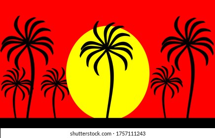 
ilustración vectorial gráfica de la vista de un árbol de coco de silueta al atardecer con un diseño de concepto de fondo rojo