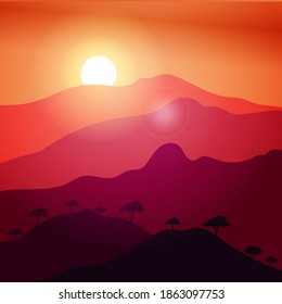 Ilustración vectorial gráfica de la silueta de una puesta de sol en las hermosas montañas. Fondo de degradado naranja. Apto para portada de libros de paisajes naturales, antecedentes para la comunidad de amantes de la naturaleza