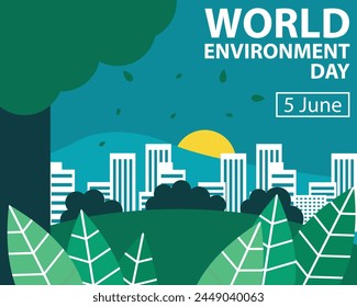 illustration vector graphic of view of skyscrapers from inside the forest, perfect for international day, world environment day, celebrate, greeting card, etc.