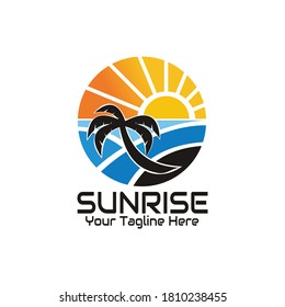 Vektorgrafik der Ansicht des Sonnenaufgangs am Strand, die die Insel, Bäume und Meer zeigt, perfekt für Resort, Reisen, Tourismus, etc.

