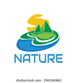 illustration vector graphic of view of sunrise on mountain island, perfect for nature, mountain, explore, resort, holiday, tour, expedition, etc.

