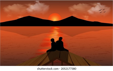 illustration vector graphic of the view of the sunset on the river and the mountain, two people are dating while watching the sunset