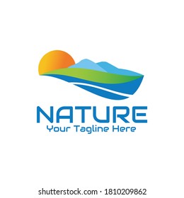 illustration vector graphic of a view of two mountains in a meadow flowing by a river, showing the rising sun, perfect for adventure, nature, camp, travel, holiday, etc.

