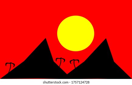 illustration vector graphic of views of mountains and coconut trees silhouette at sunset with red as background concept design