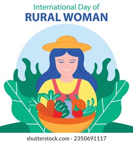 illustration vector graphic of a village girl carrying a basket filled with vegetables and fruits, perfect for international day, international day of rural woman, celebrate, greeting card, etc.