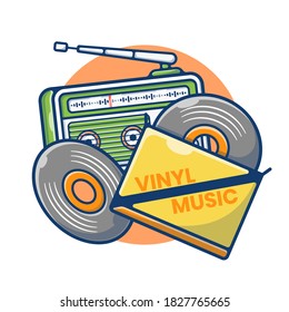 Illustration vector graphic of Vinyl Cassette and Vintage Radio. Vinyl Recording Audio. Flat cartoon style perfect for sticker, wallpaper, icon, landing page, website.