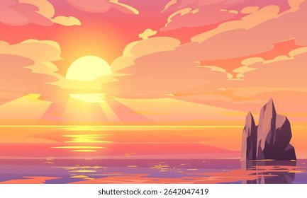 illustration vector graphic of a warm sunset over the sea with golden clouds and a rock formation. perfect for nature scenes, wallpapers, and storytelling visuals.