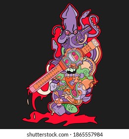 illustration vector graphic of watch with lots of creepy monsters behind it
