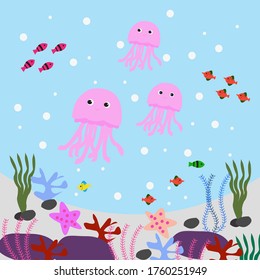 Illustration Vector Graphic of Water World Jellyfish Undersea Cartoon