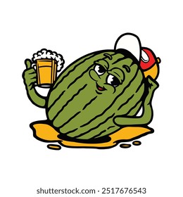 Ilustração vetorial de MELANCIA CARTUM DE CERVEJA CARTUM ILUSTRAÇÃO VETORIAL para mercadorias de design de vestuário, como logotipos em embalagens de produtos