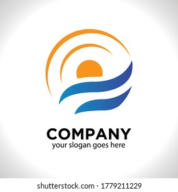 illustration vector graphic of wave and sunrise isolated in white background suitable for marine, marketing, finance logo