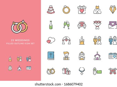 Illustration vector graphic of Weddings Icon Set Contain Such Icon as Heart, Love, Romance, Romantic, Invitation, Dress, Church, Melody, Date, Calendar, Ring, Wine, and more.