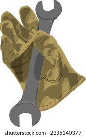 Illustration, Vektorgrafik von Schweißhandschuhen und -schlüssel.