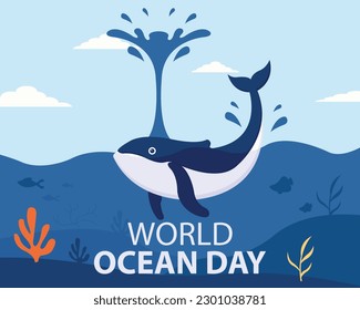 ilustración vectorial de la ballena escupiendo agua a la superficie del mar, perfecto para el día internacional, el día mundial del océano, celebración, tarjeta de saludo, etc.