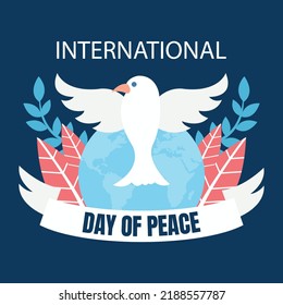 illustration vector graphic of white dove flapping its two wings above the earth, showing leaves and ribbon board, perfect for international day of peace, celebrate, greeting card, etc.