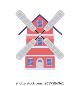 Illustration vector graphic of a windmill integrated with a red house in flat design style. Perfect for energy, rural scenery, or European countryside themes