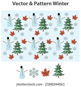 Illustration vector graphic of winter and christmas theme consisting of fir trees, snowmen, dry leaves, and snowflakes.
perfect for children's clothes patterns, bedroom wall decorations, etc.