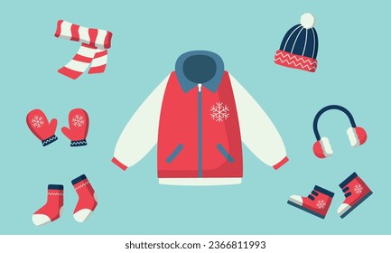 Illustration vector graphic winter suit red, blue, white colors, flat design illustration cartoon design,  winter set suit, winter sport icon, bennie, jacket, headphone, gloves, shoes, syall, sock.