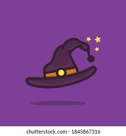 Illustration vector graphic of witch hat with a star. Purple background. Fit for halloween greeting card and trick or treat party invitation design.