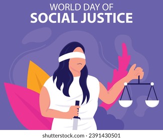 illustration vector graphic of a woman carrying a sword and balance with her eyes covered with cloth, perfect for international day, world social justice, celebrate, greeting card, etc.
