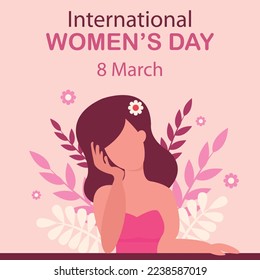 illustration vector graphic of a woman is daydreaming at a table, showing leaves in the background, perfect for international day, international womens day, celebrate, greeting card, etc.