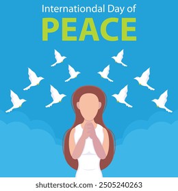 illustration vector graphic of a woman and a dove fly freely together, perfect for international day, international day of peace, celebrate, greeting card, etc.