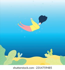 Illustration vector graphic of vector A woman drowned under the sea with style design  flat design 