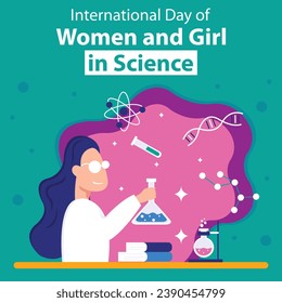 illustration vector graphic of a woman is experimenting with mixing chemicals, perfect for international day, women and girl in science, celebrate, greeting card, etc.