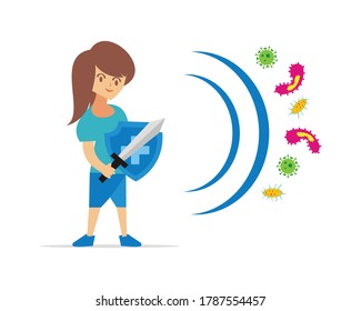 illustration vector graphic of the woman fight viruses and bacteria used shield and sword, perfect for medical, health care, poster, background, etc