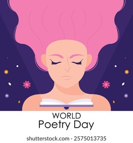 illustration vector graphic of woman hit by wind while reading poetry, perfect for international day, world poetry day, celebrate, greeting card, etc.