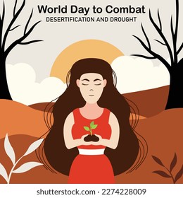 illustration vector graphic of a woman holding soil and plants, showing arid land in the background, perfect for international day, world day to combat, desertification and drought, celebrate.