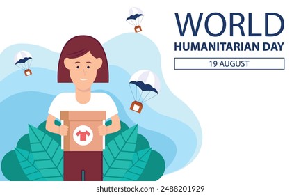 illustration vector graphic of  woman holding cardboard box, showing floating cardboard box by parachuting, perfect for international day, world humanitarian day, celebrate, greeting card, etc.