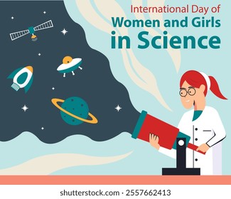 illustration vector graphic of a woman is holding a telescope, showing space objects, perfect for international day, women and girls in science, celebrate, greeting card, etc.