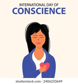 illustration vector graphic of a woman holds her chest, displaying a heart symbol, perfect for international day, international day of conscience, celebrate, greeting card, etc.