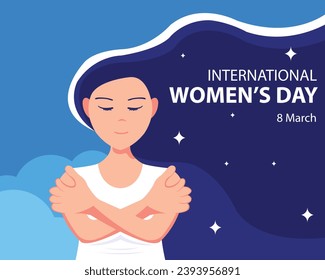 illustration vector graphic of a woman hugs herself, perfect for international day, international womens day, celebrate, greeting card, etc.