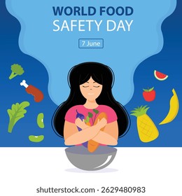 illustration vector graphic of a woman hugs flying food, perfect for international day, world food safety day, celebrate, greeting card, etc.