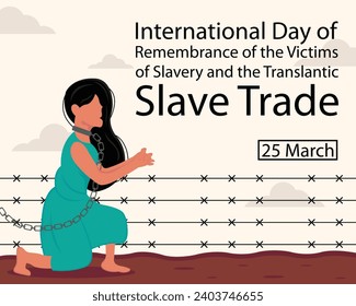 illustration vector graphic of a woman kneeling with her neck chained, perfect for international day, remembrance of the victims, slavery and translantic, slave trade, celebrate, greeting card, etc.