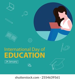 illustration vector graphic of a woman is learning to use a laptop, perfect for international day, international day of education, celebrate, greeting card, etc.