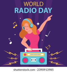 illustration vector graphic of a woman is listening to music radio with headphones, perfect for international day, world radio day, celebrate, greeting card, etc.