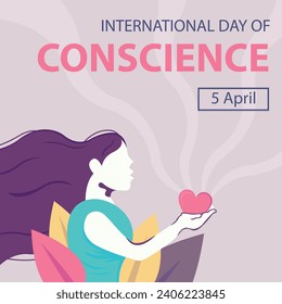 illustration vector graphic of a woman with long hair holding a heart, perfect for international day, international day of conscience, celebrate, greeting card, etc.