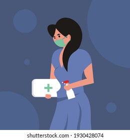 illustration vector graphic of a woman in a mask was carrying a medicine box and a disinfectant spray, perfect for medical, healthy, corona, covid-19, pandemi etc.