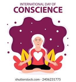 illustration vector graphic of a woman is meditating, displaying a heart symbol on her chest, perfect for international day, international day of conscience, celebrate, greeting card, etc.