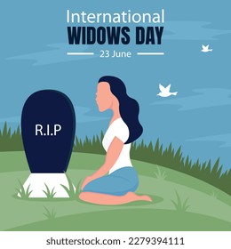 illustration vector graphic of a woman mourns her husband's grave, perfect for international day, international widows day, celebrate, greeting card, etc.