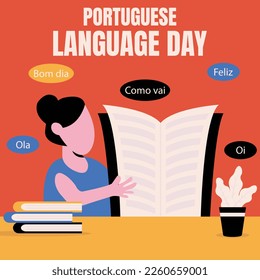 illustration vector graphic of a woman opens a portuguese dictionary on a table, perfect for international day, world portuguese language day, celebrate, greeting card, etc.